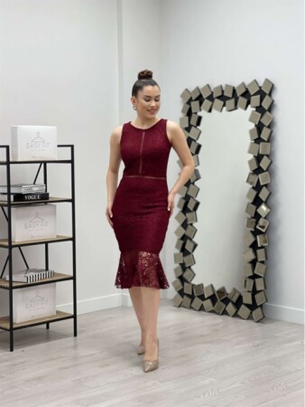Lace Fabric Waist Pattern Dress - MAROON - Angelino Moda (1)