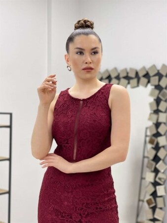 Dantel Kumaş Beli Motifli Elbise - BORDO - 4