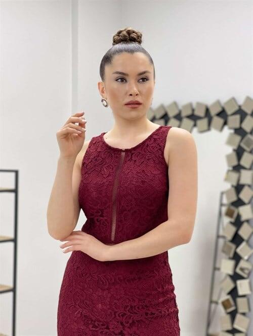 Dantel Kumaş Beli Motifli Elbise - BORDO - 4