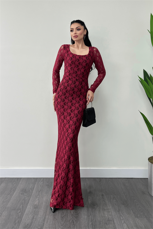 Dantel Kumaş Kare Yaka Balık Elbise - BORDO - 1