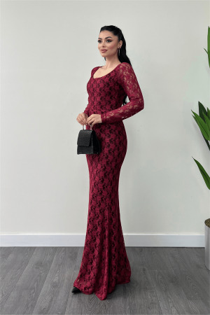 Dantel Kumaş Kare Yaka Balık Elbise - BORDO - Angelino Moda (1)