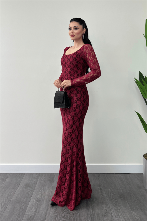 Dantel Kumaş Kare Yaka Balık Elbise - BORDO - 2