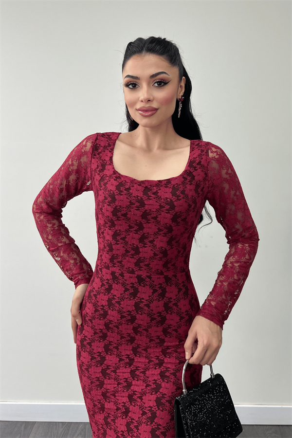 Dantel Kumaş Kare Yaka Balık Elbise - BORDO - 3
