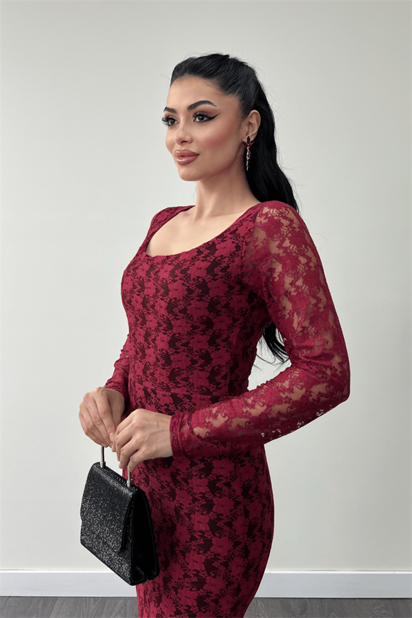 Dantel Kumaş Kare Yaka Balık Elbise - BORDO - 4