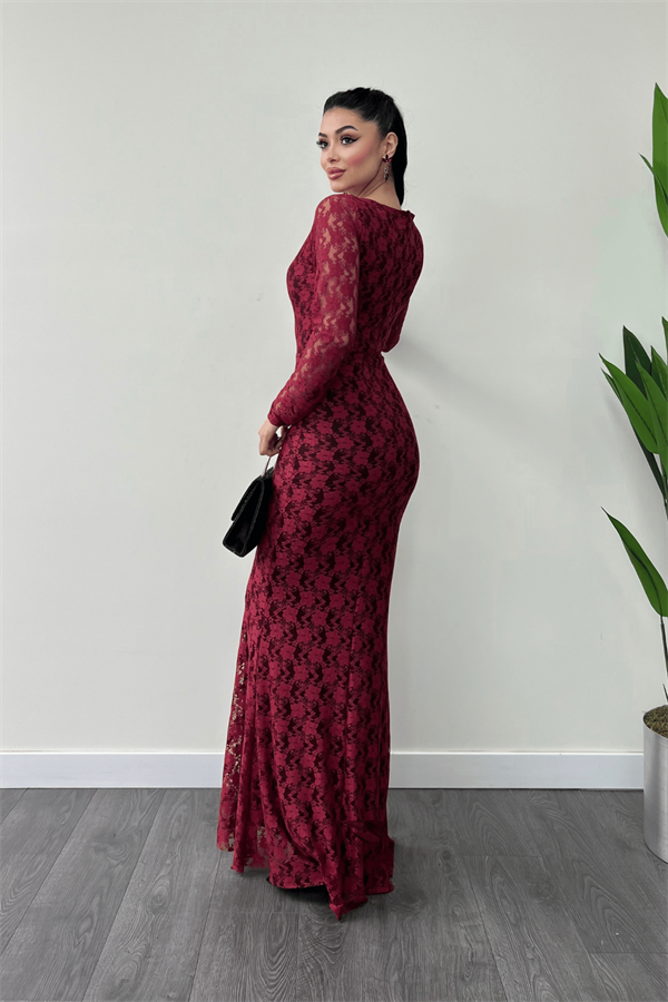 Dantel Kumaş Kare Yaka Balık Elbise - BORDO - 5
