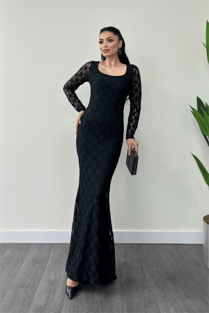 Dantel Kumaş Kare Yaka Balık Elbise - SİYAH - Angelino Moda