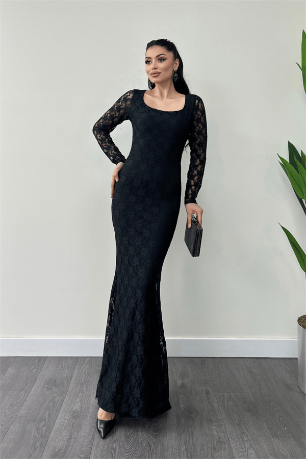 Dantel Kumaş Kare Yaka Balık Elbise - SİYAH - 1