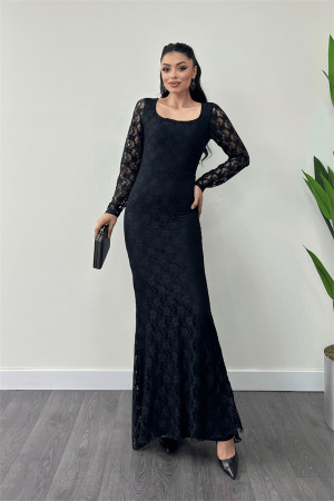 Dantel Kumaş Kare Yaka Balık Elbise - SİYAH - Angelino Moda (1)