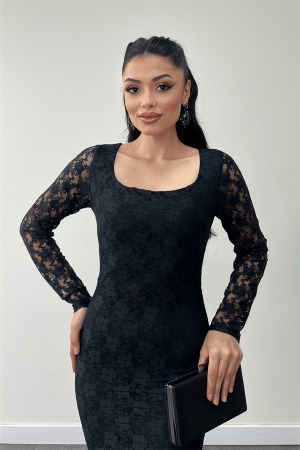 Dantel Kumaş Kare Yaka Balık Elbise - SİYAH - 3