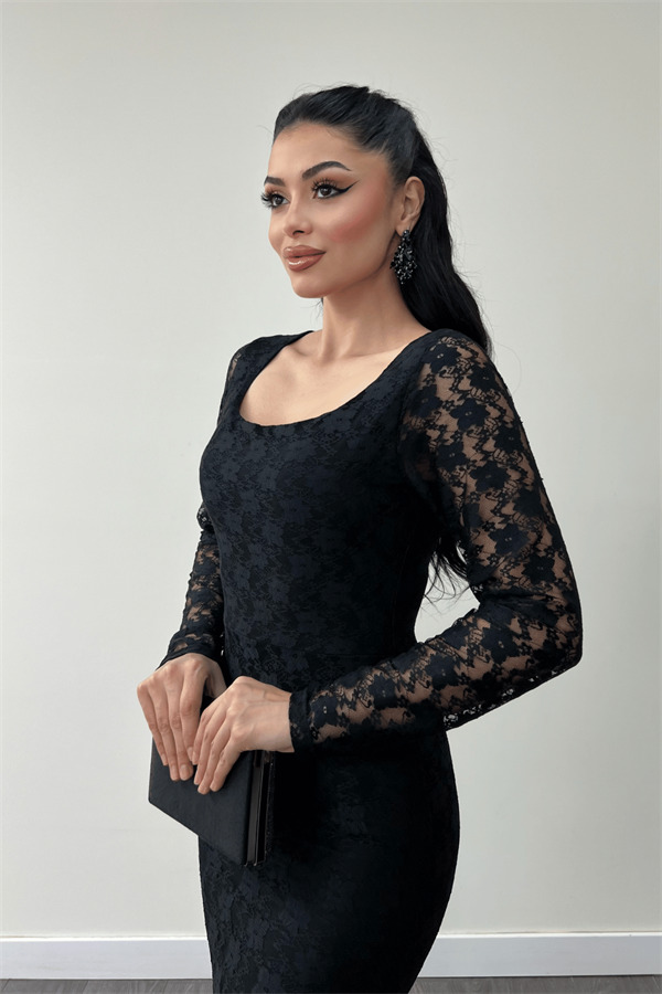 Dantel Kumaş Kare Yaka Balık Elbise - SİYAH - 4