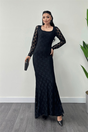 Dantel Kumaş Kare Yaka Balık Elbise - SİYAH - 5