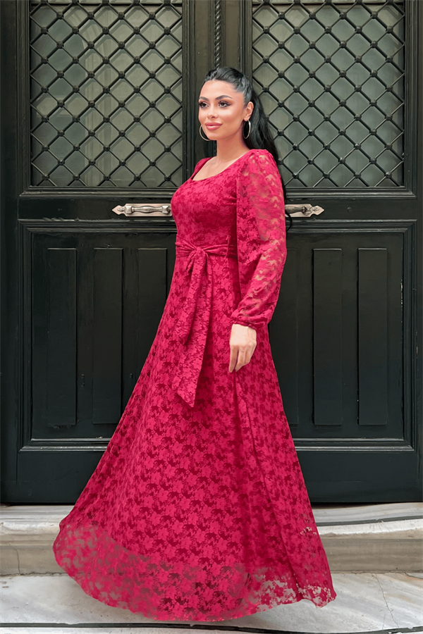 Dantel Kumaş Kare Yaka Elbise - KIRMIZI - 2