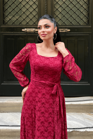 Dantel Kumaş Kare Yaka Elbise - KIRMIZI - 3