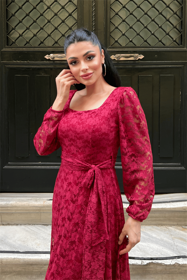 Dantel Kumaş Kare Yaka Elbise - KIRMIZI - 4