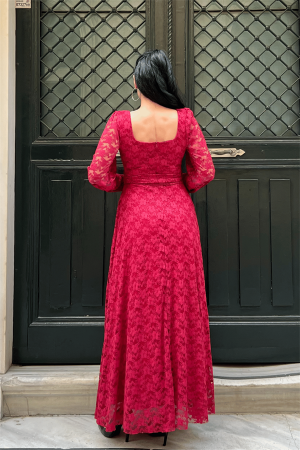 Dantel Kumaş Kare Yaka Elbise - KIRMIZI - 5