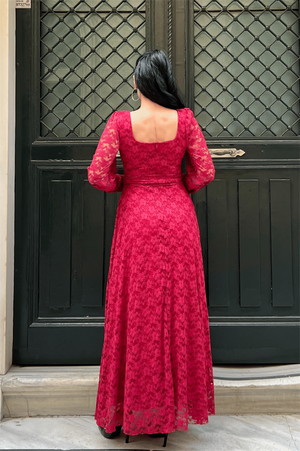 Dantel Kumaş Kare Yaka Elbise - KIRMIZI - 5