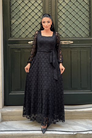 Dantel Kumaş Kare Yaka Elbise - SİYAH - Angelino Moda