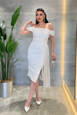 Dantel Kumaş Kayık Yaka Elbise - BEYAZ - Angelino Moda (1)