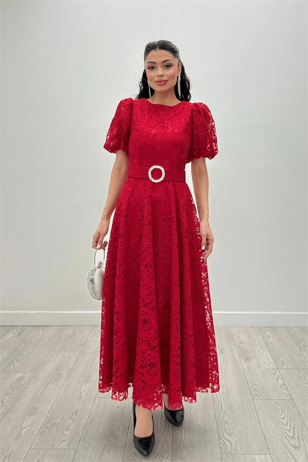 Dantel Kumaş Kolları Balon Kol Maxi Elbise - KIRMIZI - 3