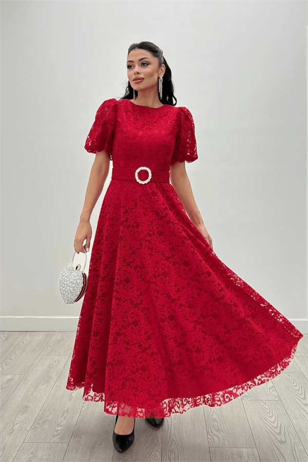 Dantel Kumaş Kolları Balon Kol Maxi Elbise - KIRMIZI - 4