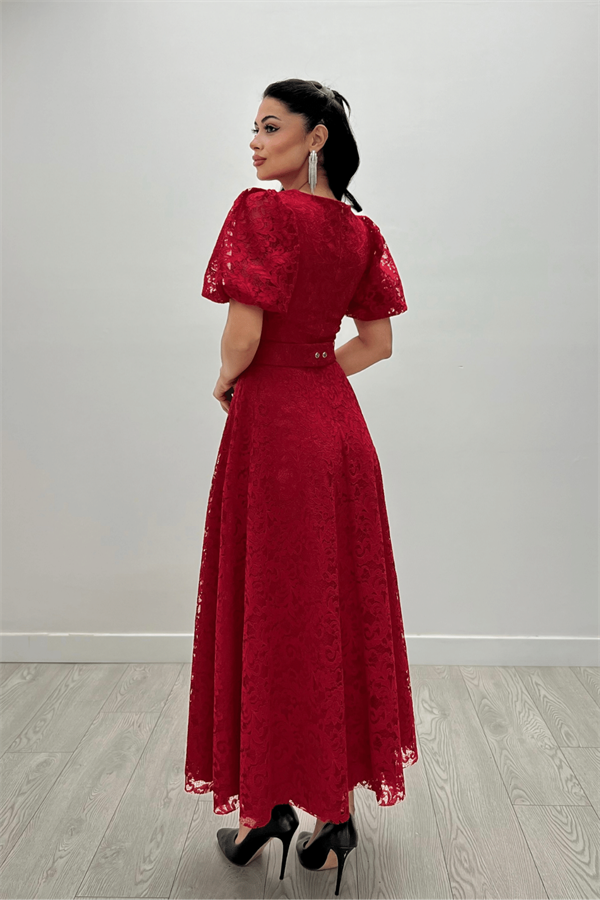 Dantel Kumaş Kolları Balon Kol Maxi Elbise - KIRMIZI - 5