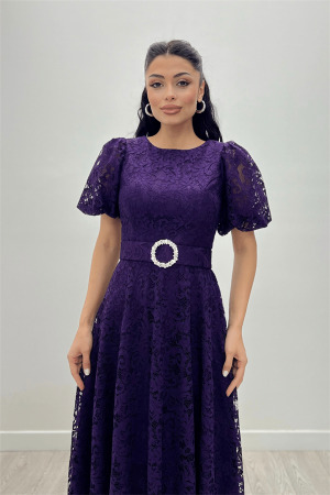 Dantel Kumaş Kolları Balon Kol Maxi Elbise - PATLICAN MOR - Angelino Moda