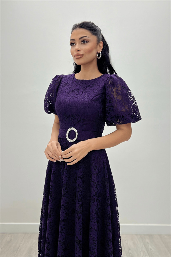 Dantel Kumaş Kolları Balon Kol Maxi Elbise - PATLICAN MOR - 2