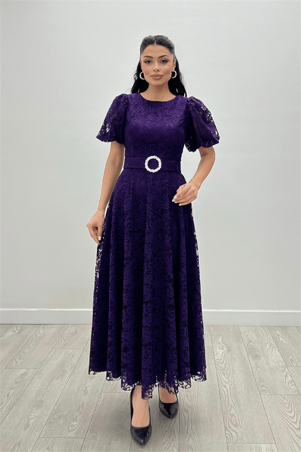 Dantel Kumaş Kolları Balon Kol Maxi Elbise - PATLICAN MOR - 3