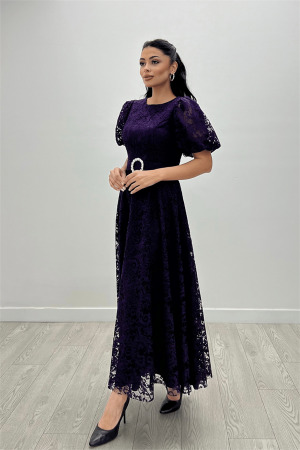 Dantel Kumaş Kolları Balon Kol Maxi Elbise - PATLICAN MOR - 4