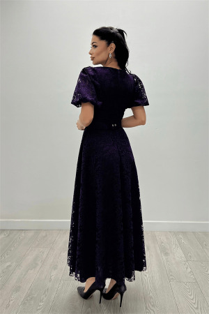 Dantel Kumaş Kolları Balon Kol Maxi Elbise - PATLICAN MOR - 5