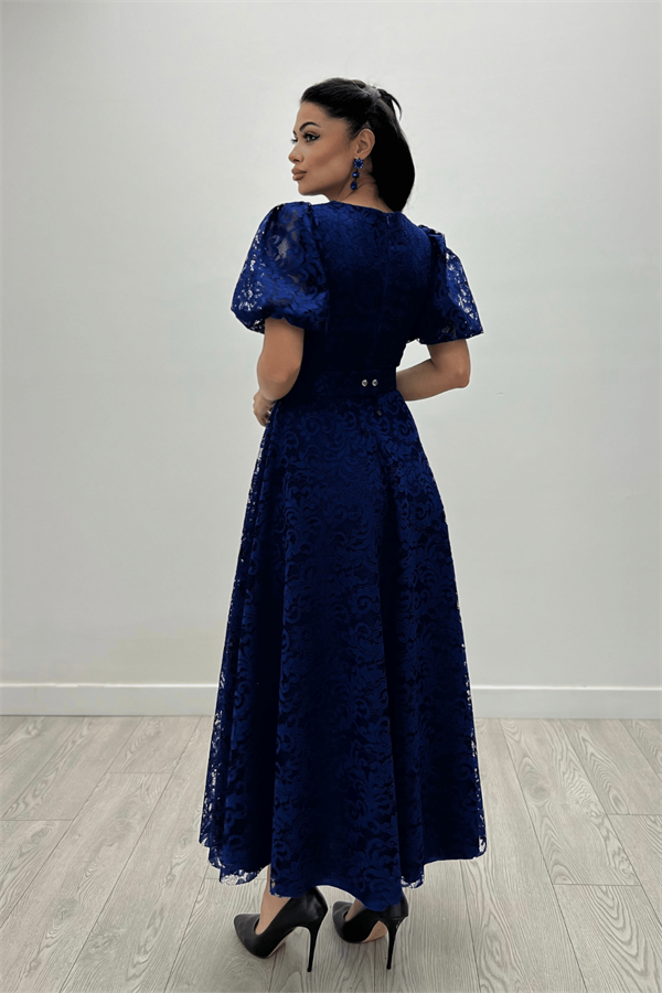 Dantel Kumaş Kolları Balon Kol Maxi Elbise - SAKS MAVİ - 5