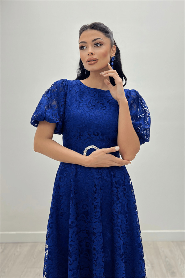 Dantel Kumaş Kolları Balon Kol Maxi Elbise - SAKS MAVİ - 1