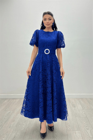 Dantel Kumaş Kolları Balon Kol Maxi Elbise - SAKS MAVİ - 3