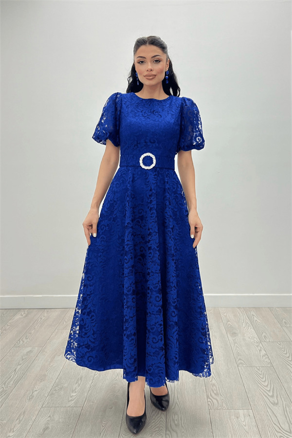 Dantel Kumaş Kolları Balon Kol Maxi Elbise - SAKS MAVİ - 3