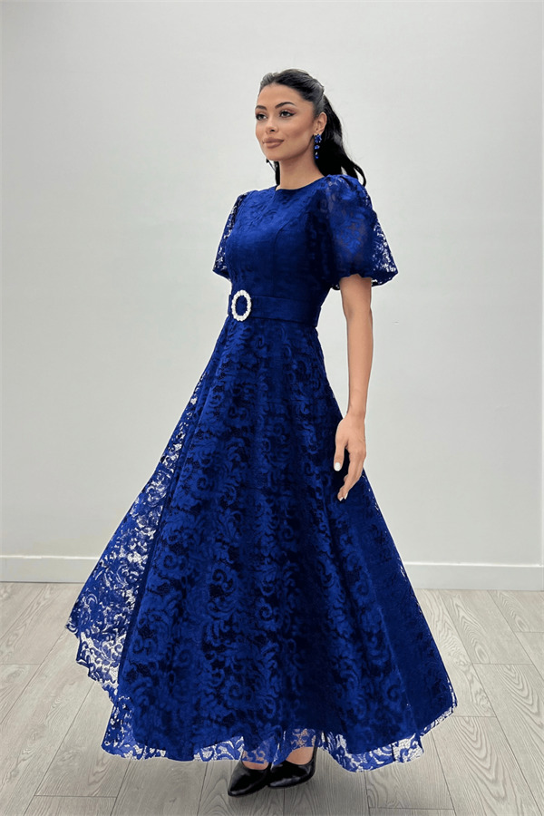 Dantel Kumaş Kolları Balon Kol Maxi Elbise - SAKS MAVİ - 4