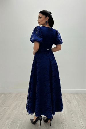Dantel Kumaş Kolları Balon Kol Maxi Elbise - SAKS MAVİ - 5