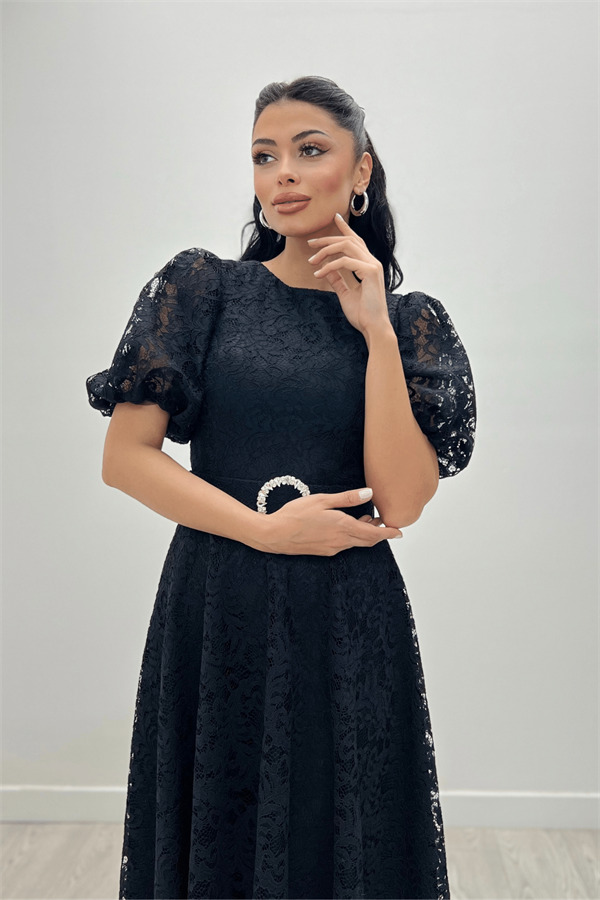 Dantel Kumaş Kolları Balon Kol Maxi Elbise - SİYAH - 2