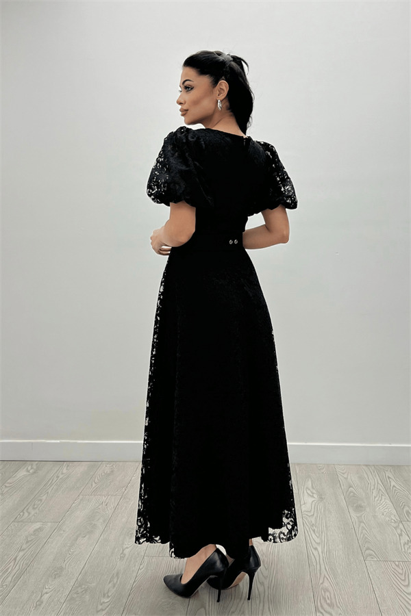 Dantel Kumaş Kolları Balon Kol Maxi Elbise - SİYAH - 5