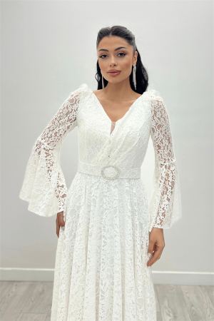 Dantel Kumaş Kolları Volan Detaylı - BEYAZ - Angelino Moda