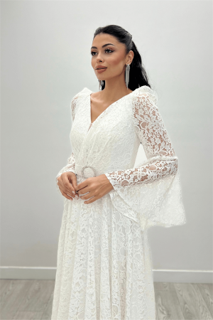 Dantel Kumaş Kolları Volan Detaylı - BEYAZ - Angelino Moda (1)