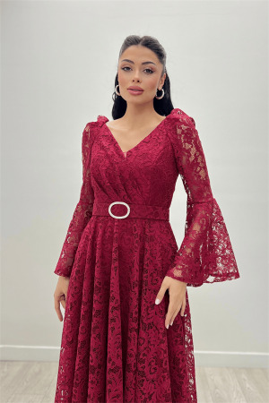 Dantel Kumaş Kolları Volan Detaylı - BORDO - Angelino Moda