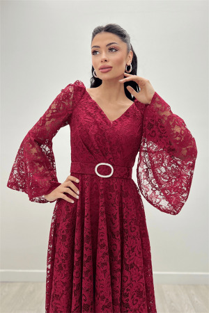 Dantel Kumaş Kolları Volan Detaylı - BORDO - Angelino Moda (1)