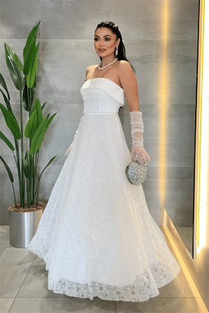 Dantel Kumaş Straplez Elbise - BEYAZ - Angelino Moda (1)