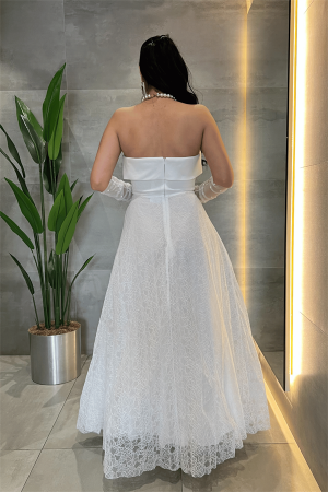 Dantel Kumaş Straplez Elbise - BEYAZ - 5