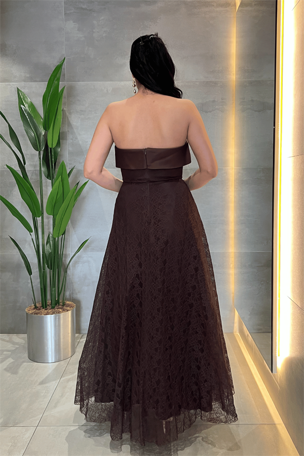Dantel Kumaş Straplez Elbise - KAHVERENGİ - 5