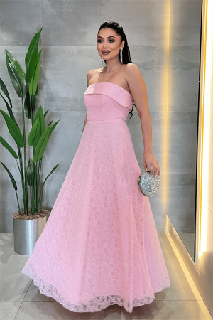 Dantel Kumaş Straplez Elbise - PEMBE - Angelino Moda (1)