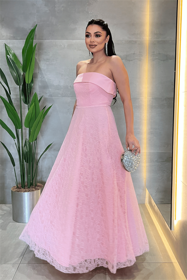 Dantel Kumaş Straplez Elbise - PEMBE - 2