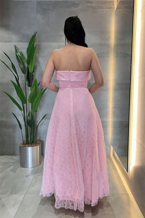 Dantel Kumaş Straplez Elbise - PEMBE - 5