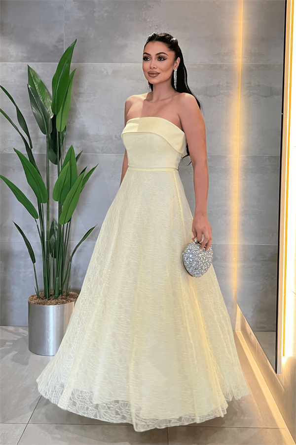 Dantel Kumaş Straplez Elbise - SARI - 2