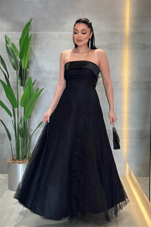 Dantel Kumaş Straplez Elbise - SİYAH - Angelino Moda (1)